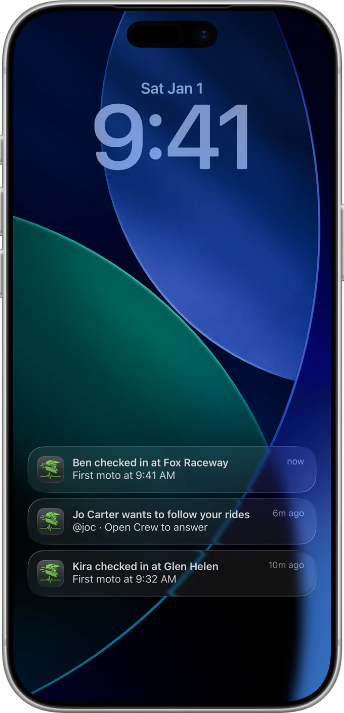 iPhone Lock Screen with MotoFit notifications: Ben checked in at Fox Raceway, Jo Carter wants to follow your rides, and Kira checked in at Glen Helen.