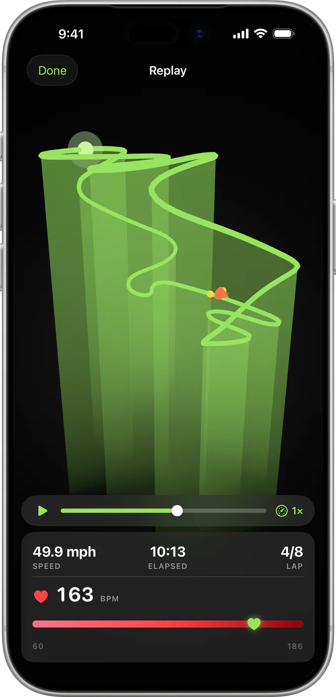 3D replay of a moto at 49.9 mph on lap 4 of 8, heart rate 163 bpm.