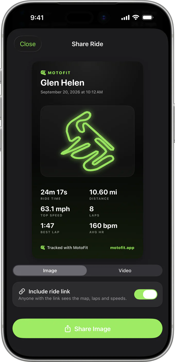 Share Ride sheet with a MotoFit card for Glen Helen and the Include ride link switch turned on.