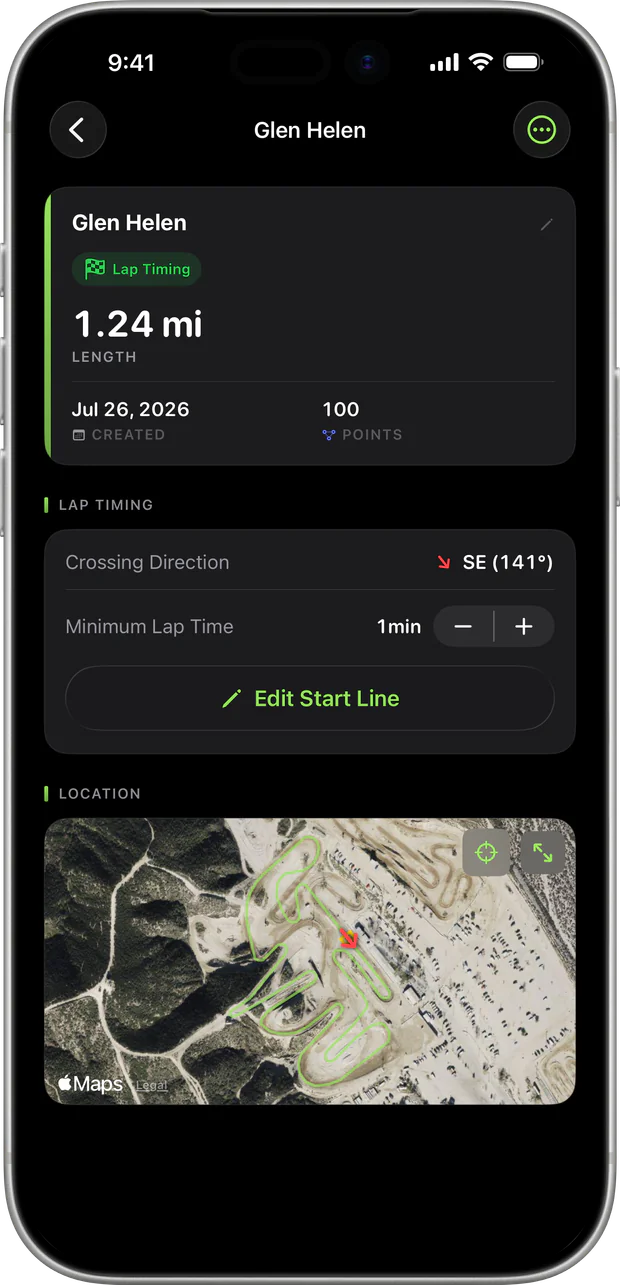The Glen Helen track with lap timing on, the crossing direction, and an Edit Start Line button above the satellite map.