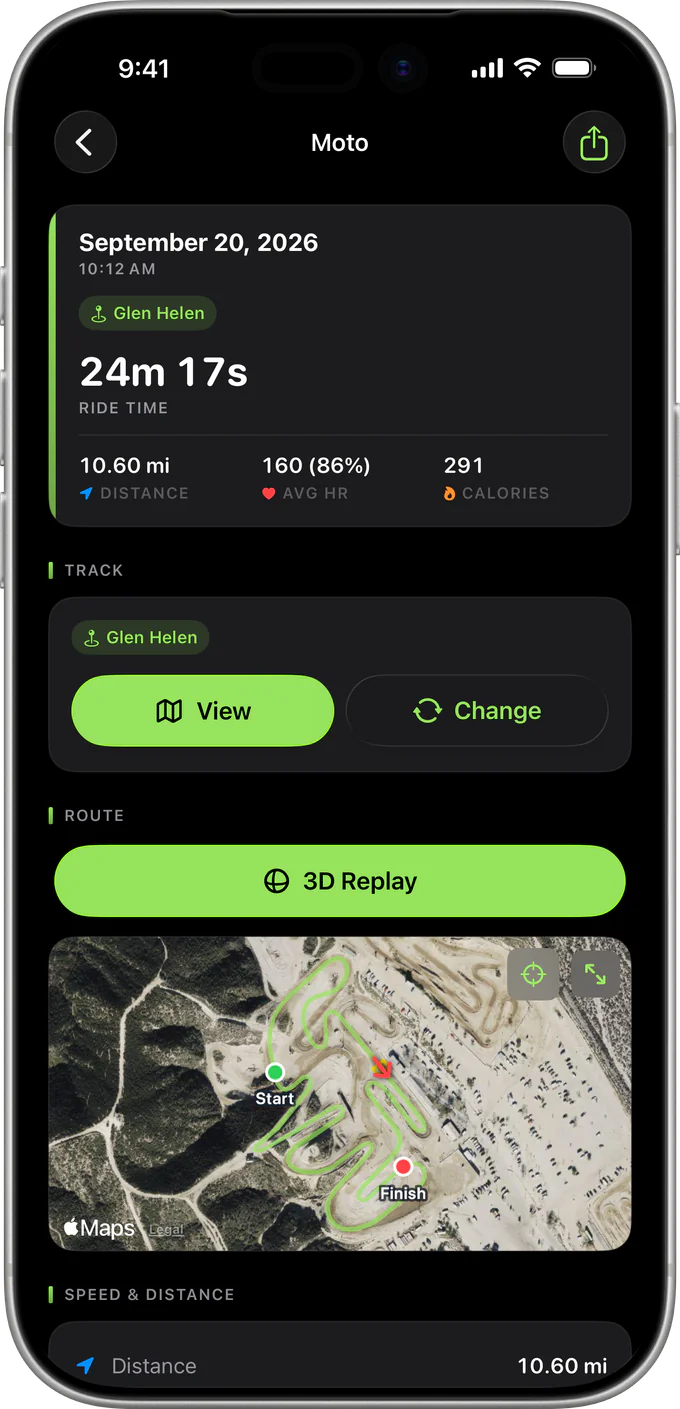 A moto at Glen Helen in MotoFit: 24m 17s of ride time, 10.60 miles, average heart rate 160, 291 calories and the route on a satellite map.