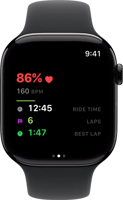 Apple Watch mid-ride: heart rate 86 percent at 160 bpm, 12:45 of ride time, 6 laps.