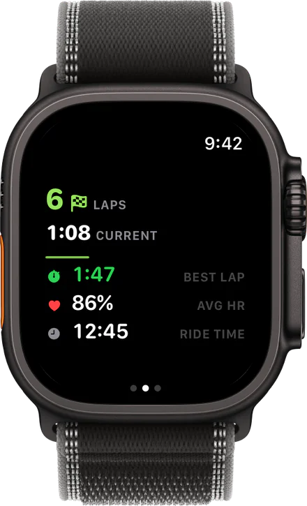 Apple Watch Ultra mid-ride: 6 laps, current lap 1:08, best lap 1:47.