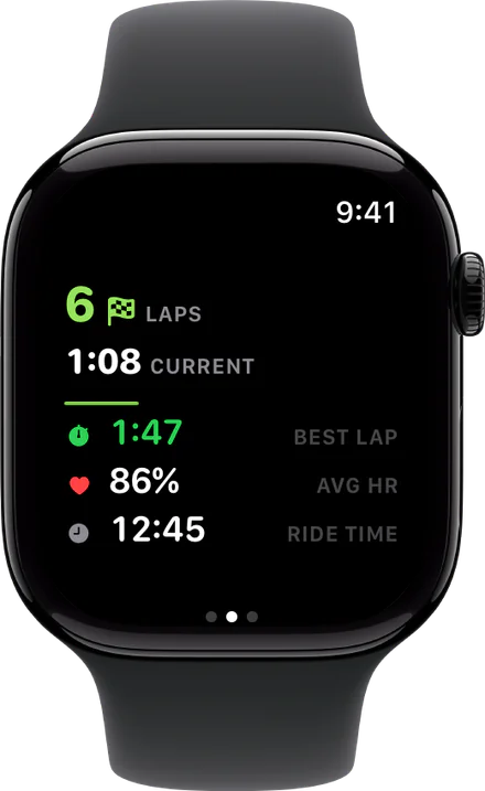MotoFit on Apple Watch mid-ride: 6 laps, current lap 1:08, best lap 1:47.